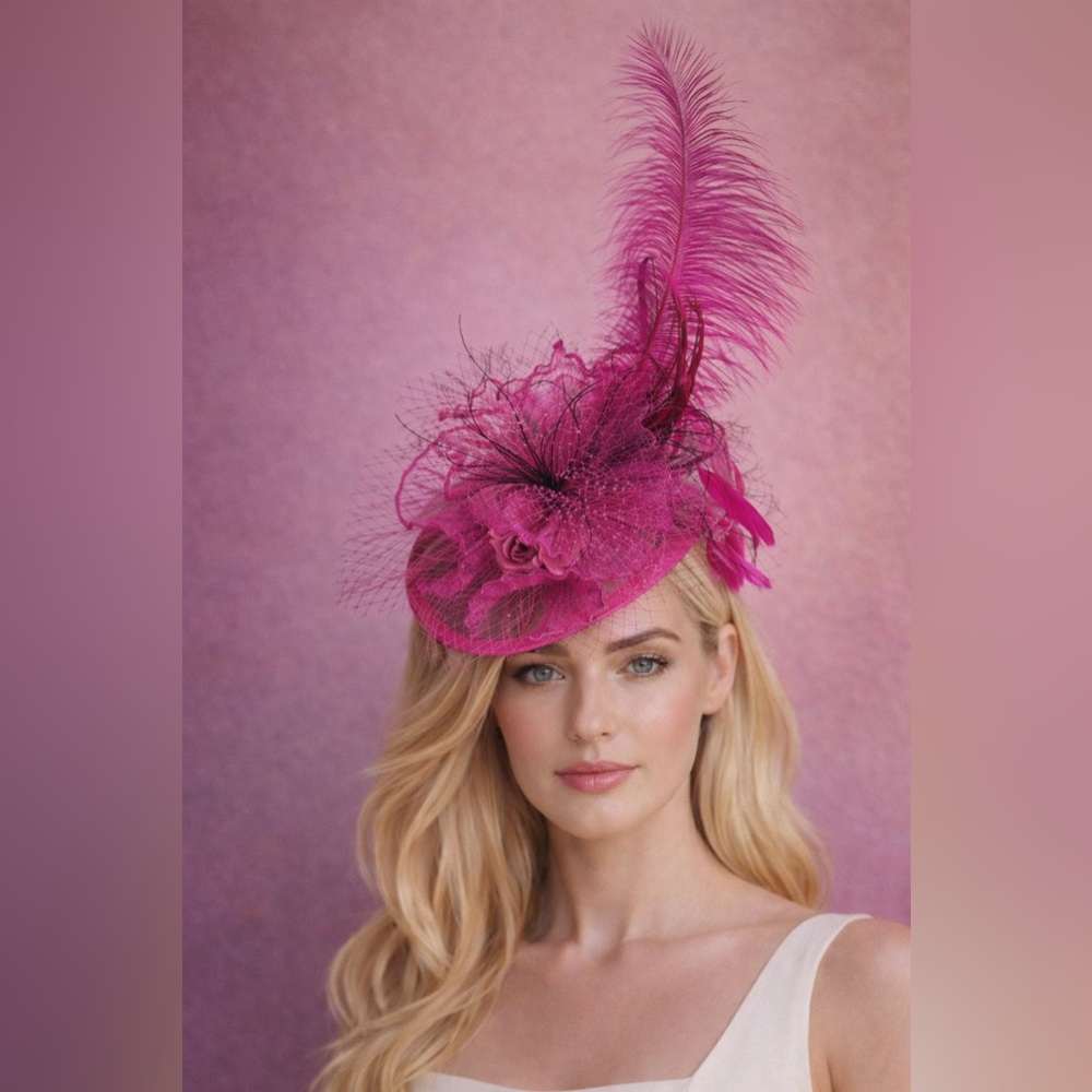 Kentucky Derby Hat Bold Hot Pink Feather Rose Fascinator Statement Netting Veil